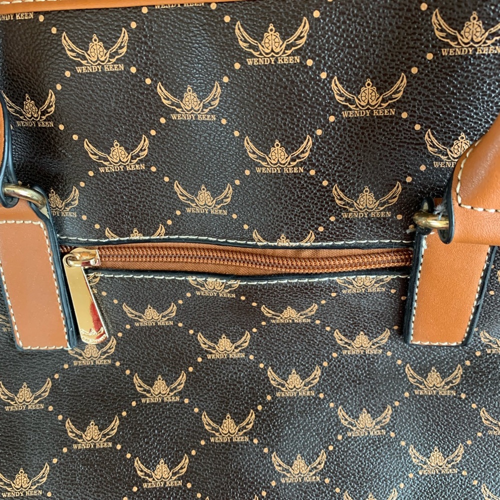 Brown and Tan Monogram Satchel Handbag with Gold Accent - Picture 6 of 10
